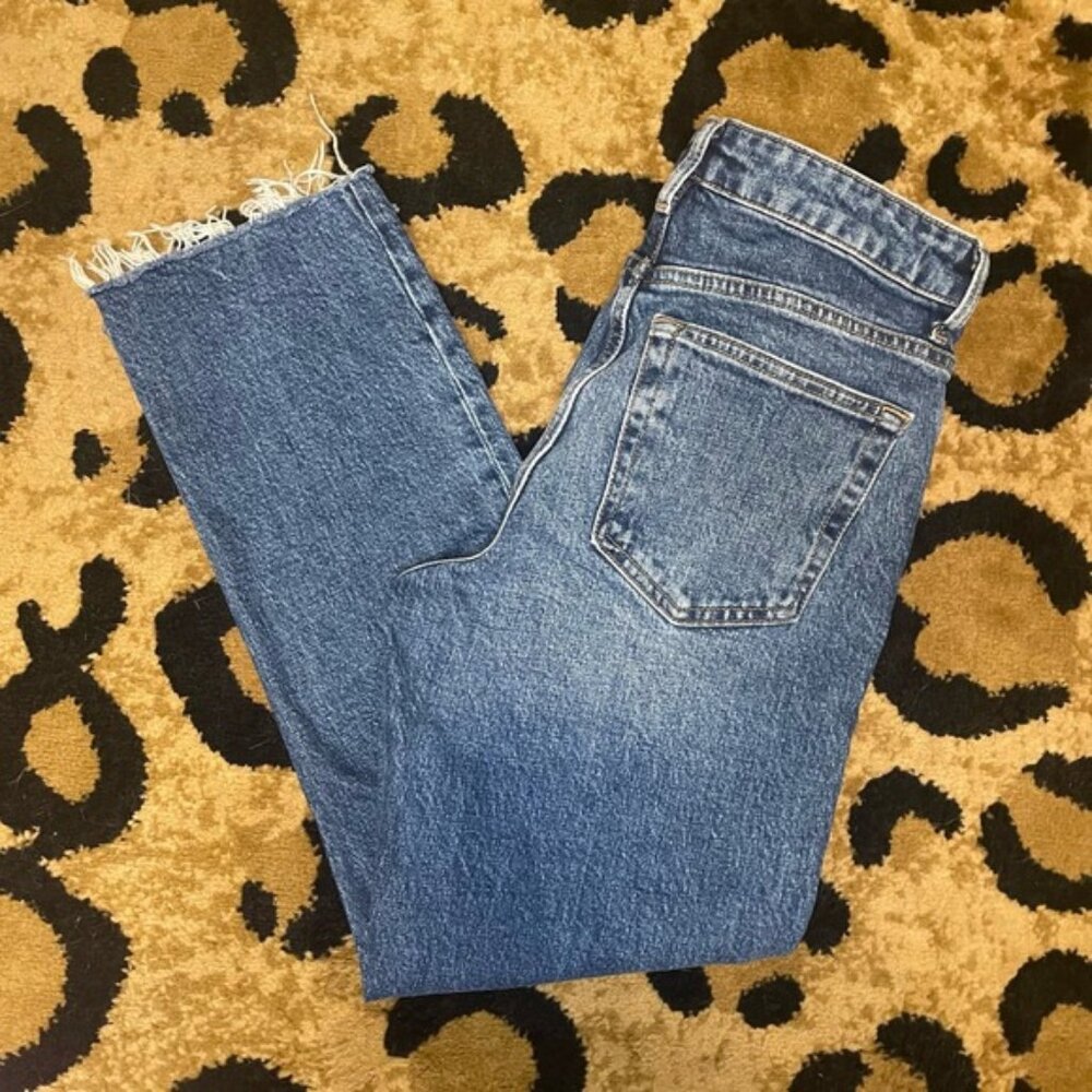 Topshop straight blue jeans womens size 26 waist 24 length cut frayed